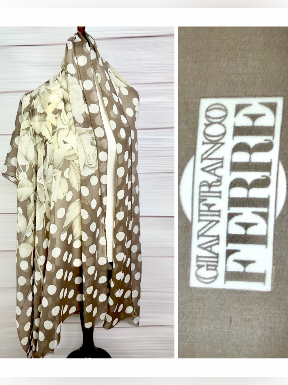 Vintage Gianfranco Ferré Silk Scarf Shawl Wrap 34x78 Roses Polka Dot Taupe Cream